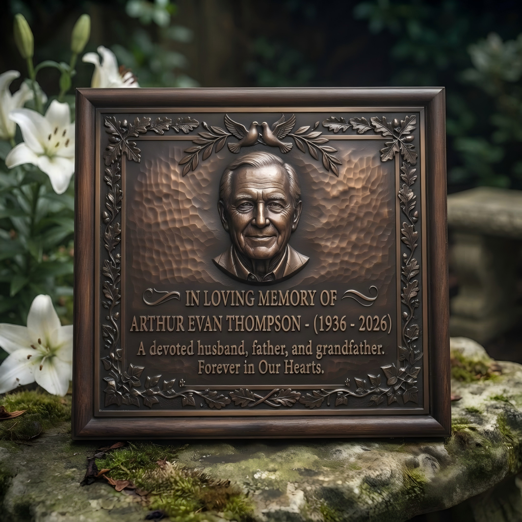 Personalized Memorial Brass Plaque | Custom Portrait, Name & Dates Tribute Keepsake