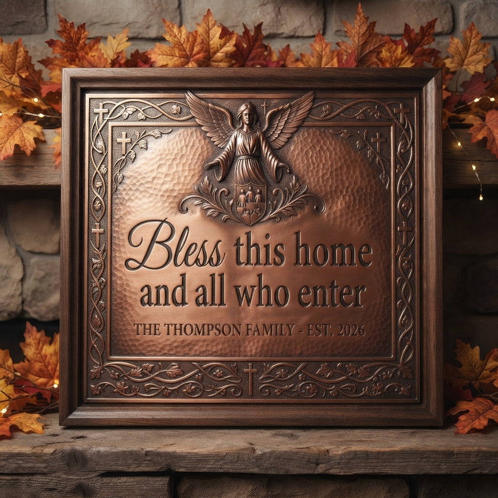 Custom Brass "Bless This Home" Plaque, Personalized Angel Wall Art & Family Heirloom Gift
