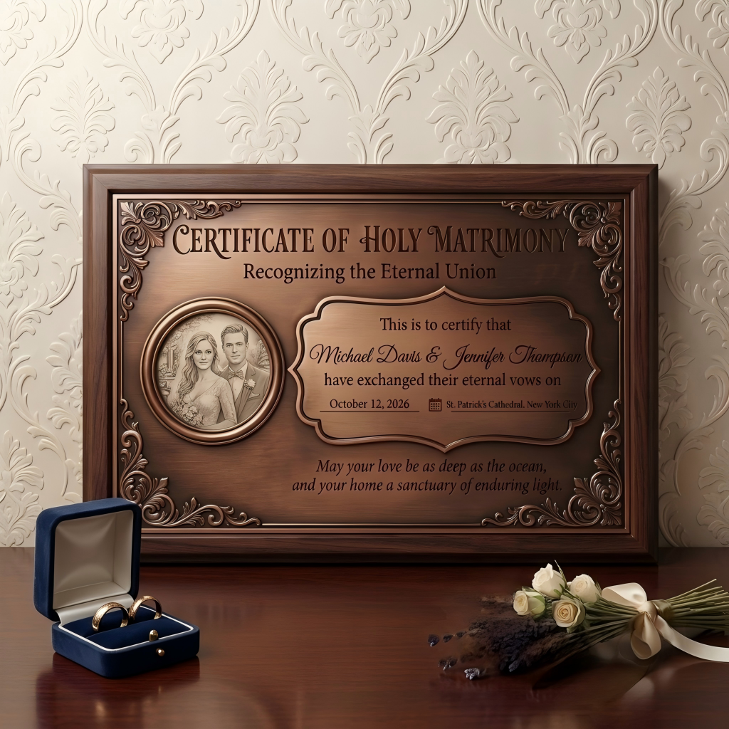 Custom Brass Marriage Certificate Plaque, Personalized Wedding Vow Art & Heirloom Gift